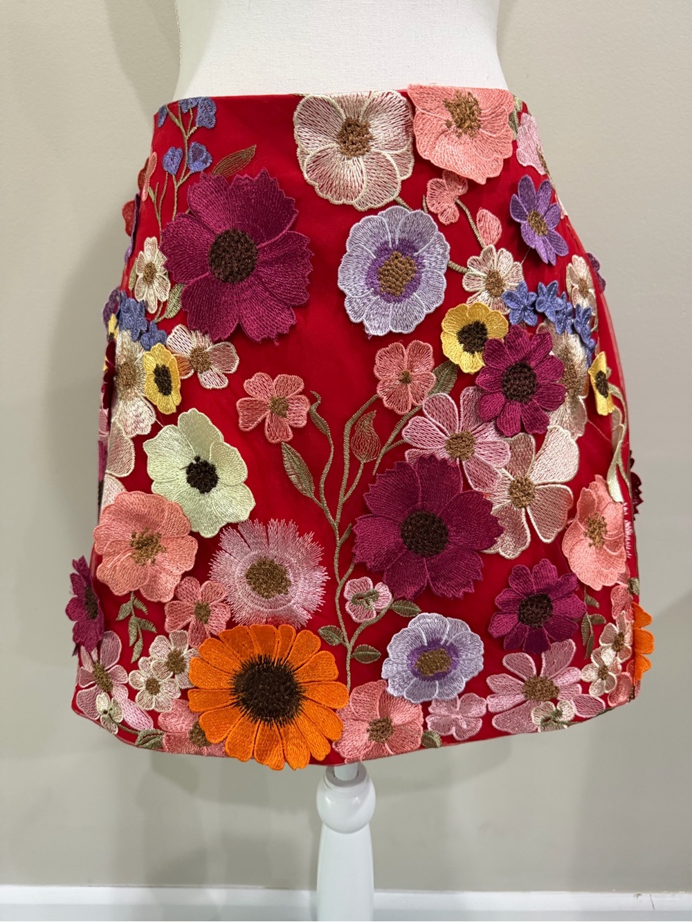 Endless Rose Mini Pencil Skirt Size L Red Multicolor Floral Embroidery 3D Petals - Picture 2 of 14